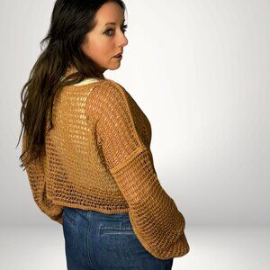 Boho Open Knit Cropped Sweater Camel M/L Lightweight Layer